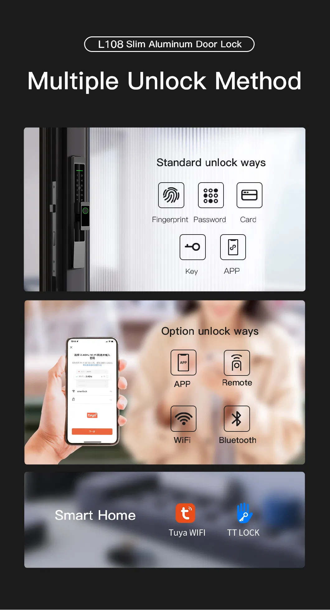 Ttlock Tuya APP Ipx5 Waterproof Black Code RFID IC Card Electric Digital Fingerprint Smart Door Lock