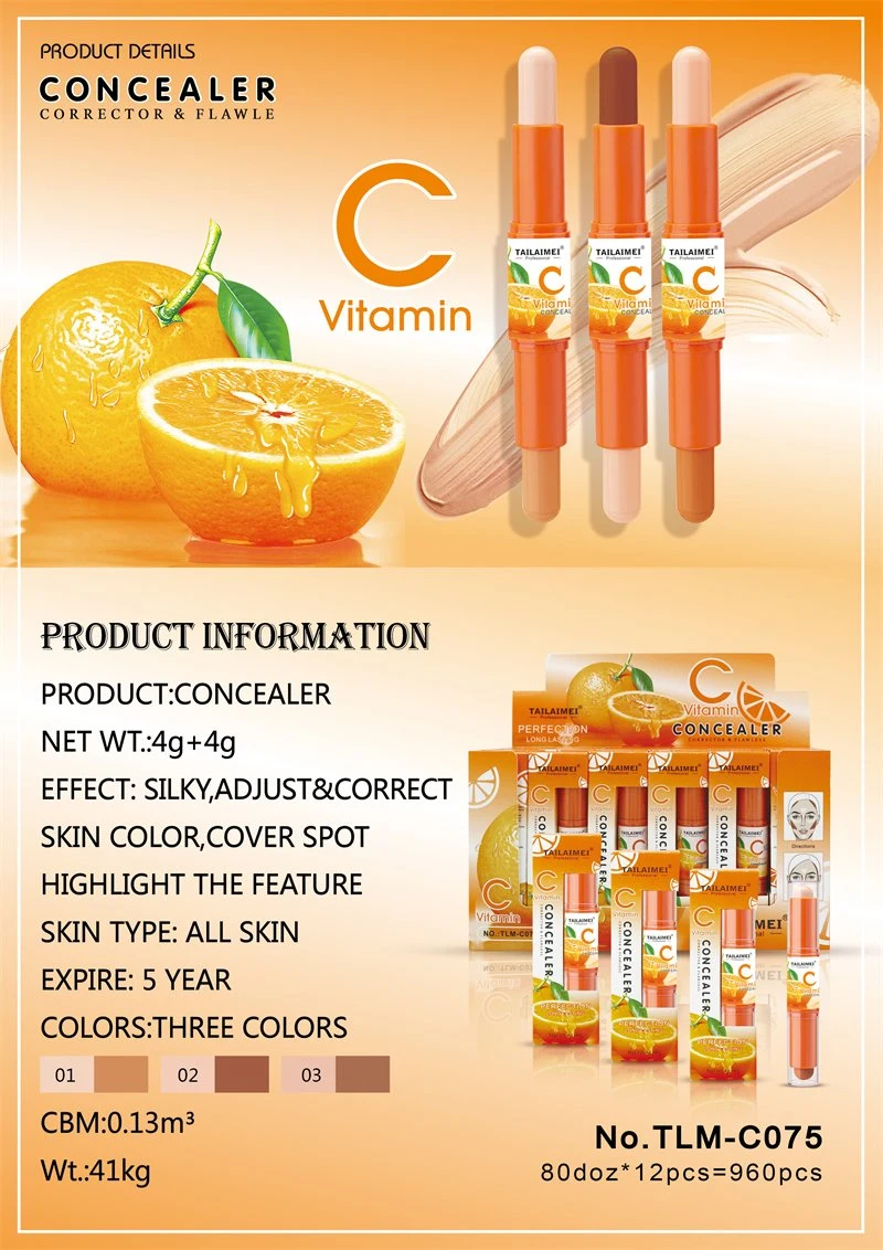 Tlm Vitamin C Makeup Two-Headed Color Corrector Concealer OEM Contour Foundation Stick Long Lasting Highlighter Concealer Pencil