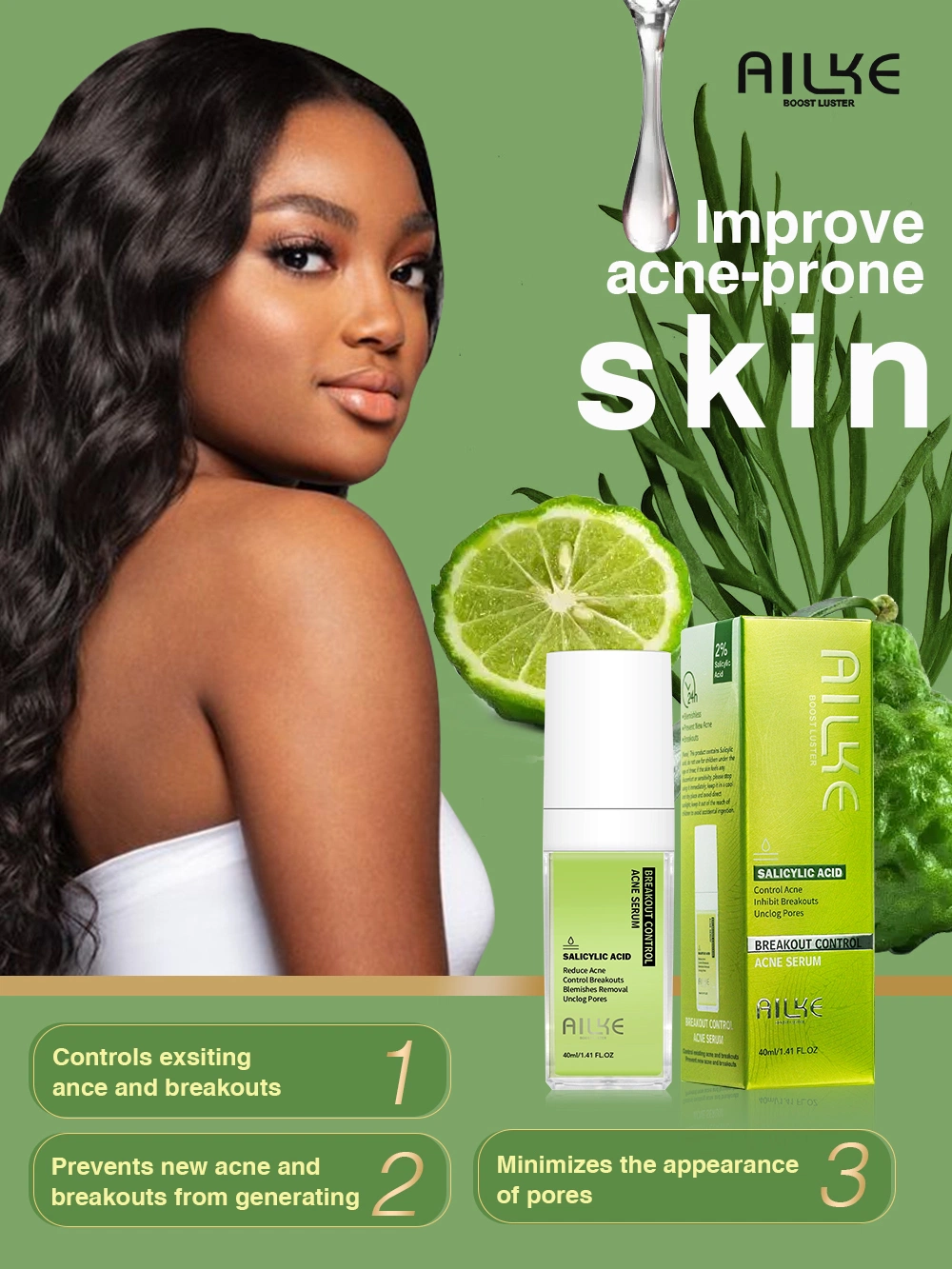 Ailke Wholesale Best Salycilic Acid Acne Pimple Face Brightening Acne Treatment Serum Facial