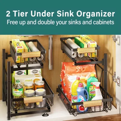 Amazon New 2 Tier Sliding Cabinet Basket Pull out Cabinet & Expandable Under Sink Organizer Rack