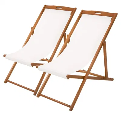 Patio Furniture Outdoor Wooden Adjustable Frame Sling Chair Patio Lounge Chair Folding Reclining Beach Chair with White Polyester