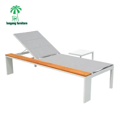 Outdoor Sunlounger Teak Wood Garden Chair Poolside Metal Chaise Lounge with Fabric Cover