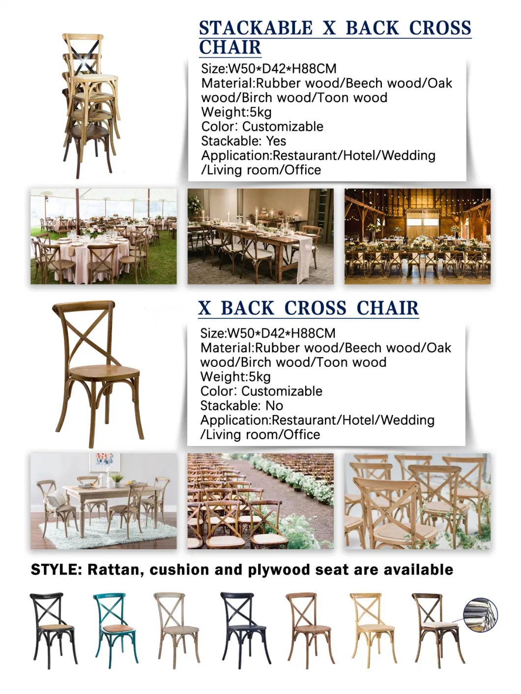 Wholesale Rattan Solid Wood Banquet Chair Furniture Solid Wooden Cross Back Chair for Events