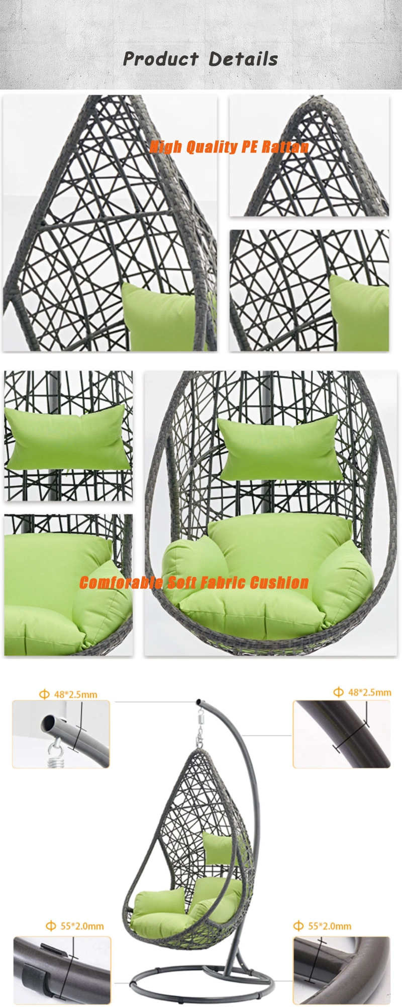 Home Patio Modern Furniture Swing Metal PE Rattan Plastic Hanging Chair for Outdoor Garden