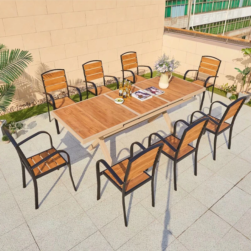 Outdoor Plastic Wood Tables and Chairs Courtyard Antiseptic Wood Simple Waterproof Sunscreen Leisure Garden Outdoor Table