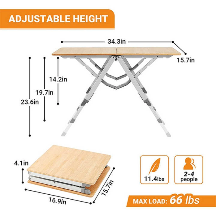 Outdoor Bamboo Wooden Portable Folding Picnic Camping Table with Adjustable Legs