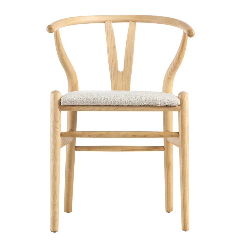 Contemporary Wishbone Modern Style Wood Dining Chair with Ivory White Boucle Fabric Seat Used in Dining Room Outdoor Patio Garden Living Room Furniture