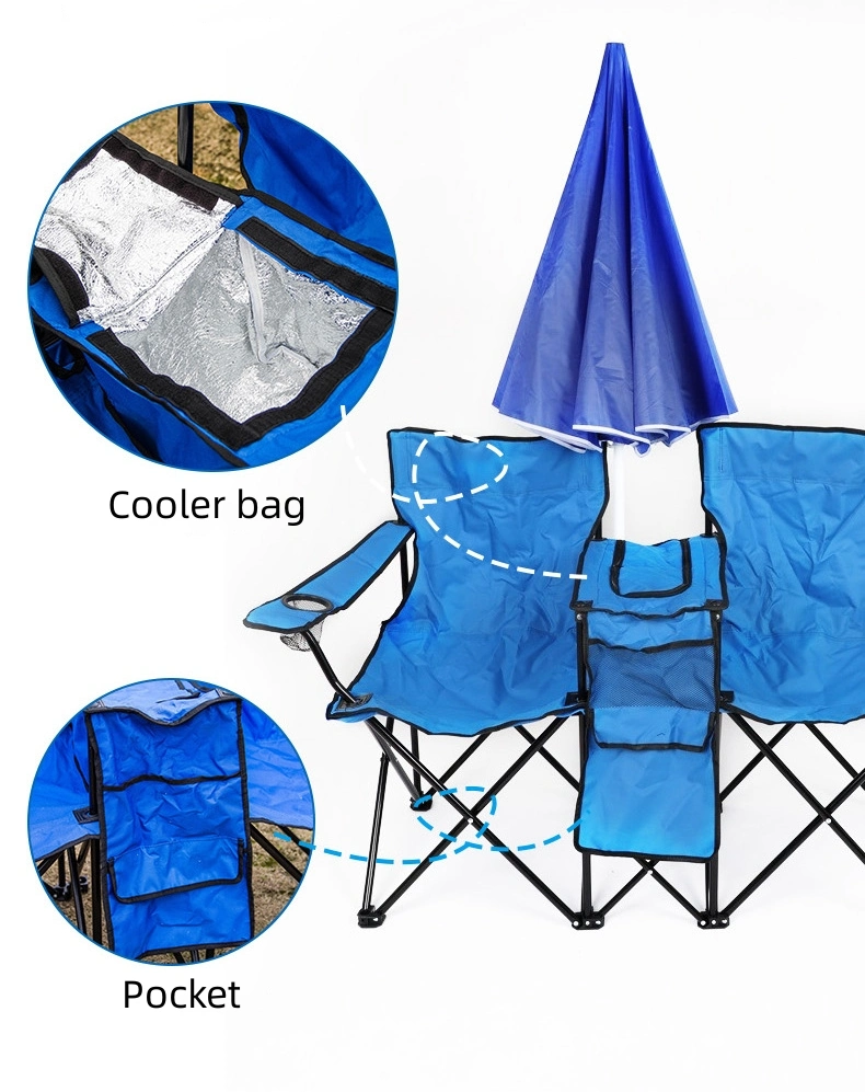 Portable Foldable Double Camping Beach Chair with Umbrella and Table Cooler Bag