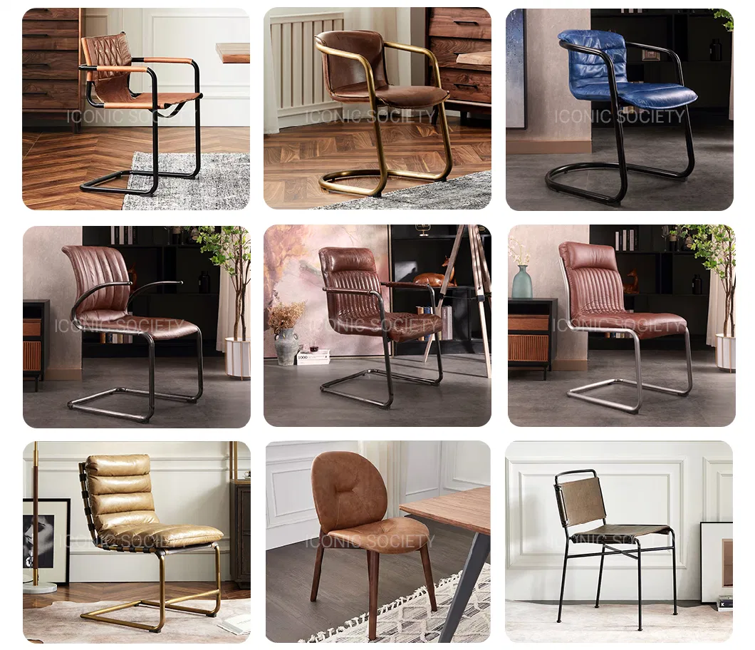 Modern Industrial Living Room Furniture Home Hotel Stable Metal Frame Restaurant Chair Curvy Genuine Leather Dining Chairs