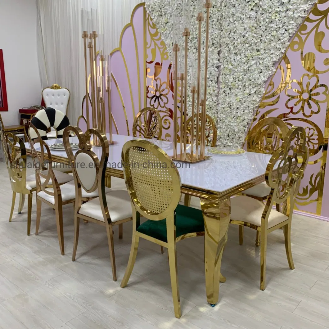 Modern Furniture Popular Style Gold Stainless Steel +White Temper Glass Top Rectangle Dining Table Sets