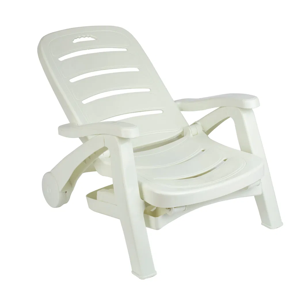 Plastic Folding Lounger Chaise Chair on Wheels Outdoor Patio Deck Chair Adjustable Rolling Lounger 5 Position Recliner W/Armrests, White