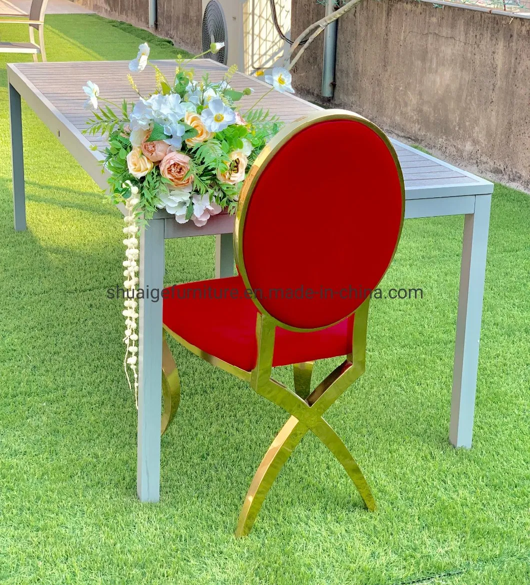 Popular Wedding Furniture Red Velvet Cushion Gold Stainless Steel X Leg Dining Chairs