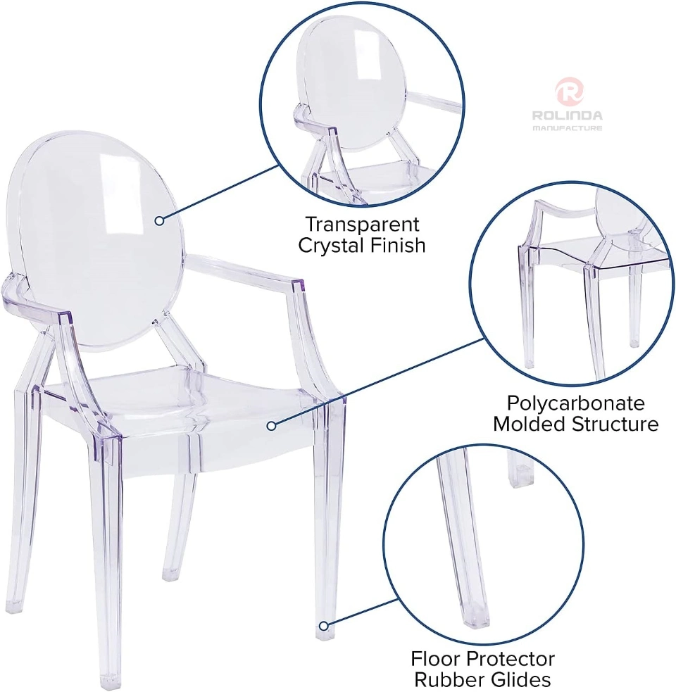 Wholesale High Quality Commercial Hotel Furniture Banqueting Chair Transparent Plastic Hotel Armrest Ghost Chair