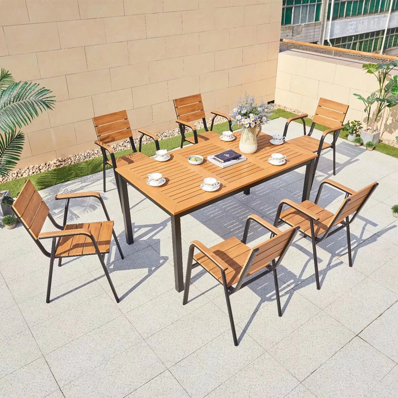 Outdoor Plastic Wood Tables and Chairs Courtyard Antiseptic Wood Simple Waterproof Sunscreen Leisure Garden Outdoor Table