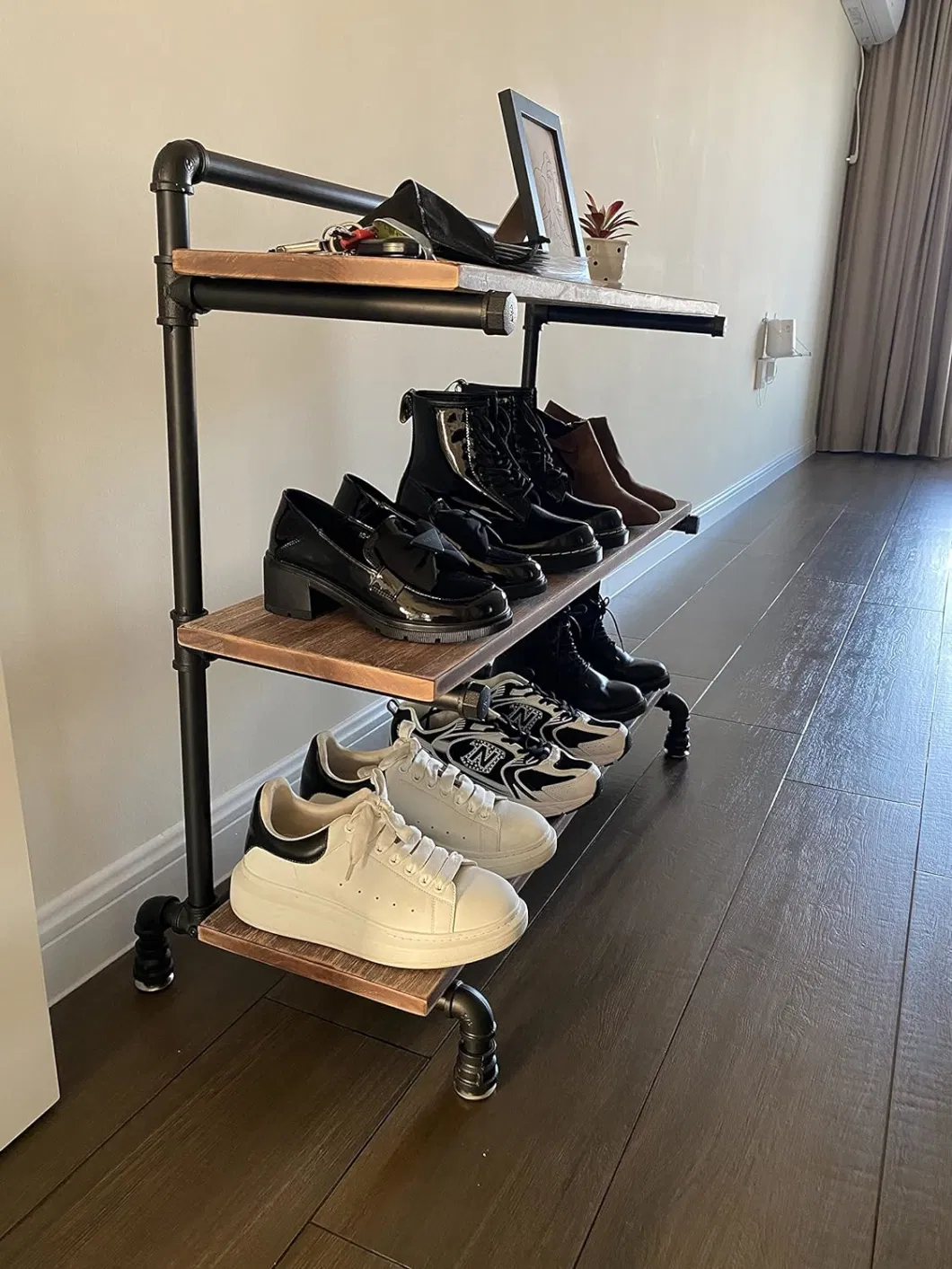 Shoe Rack Entryway with Solid Wood Planks and Industrial Metal Pipes Shoe Rack for Closet Free Standing Shoe Racks