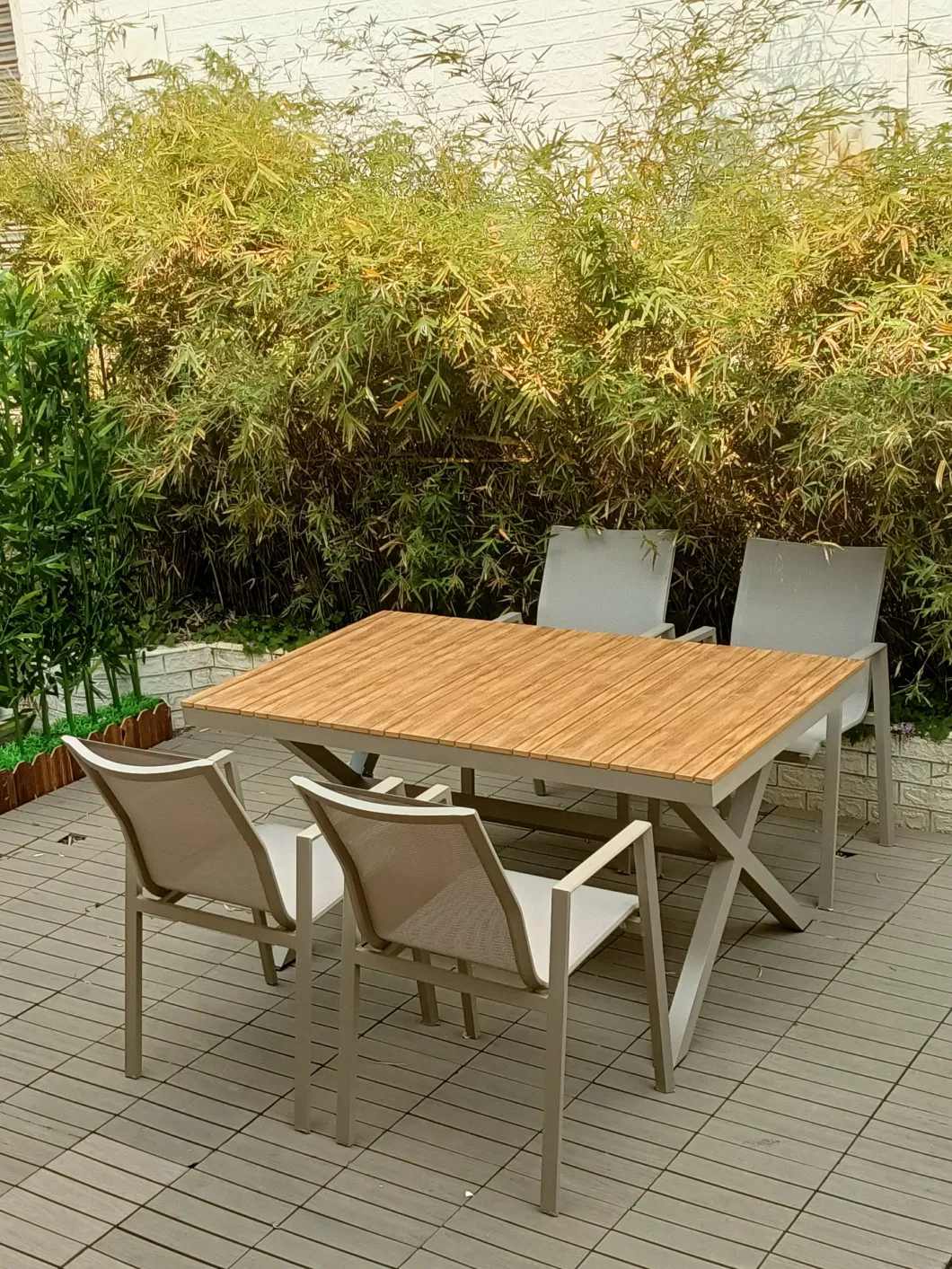 High Quality Morden Outdoor Furniture Hotel Restaurant Patio Garden Sets Dining Table Set Aluminum Rattan Plastic Wood Outdoor Chair