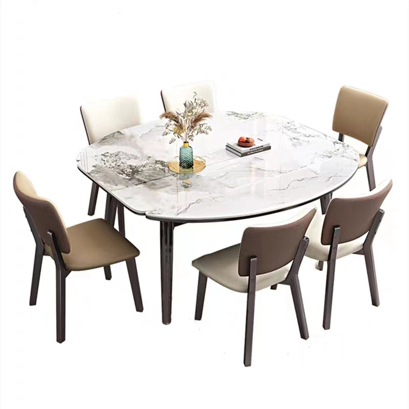 Dining Table Set Free Sample Classic 4/6 Seat Modern Fiber Square Glass Top Metal Leg and Upholstered PU Chair Dining Table Set