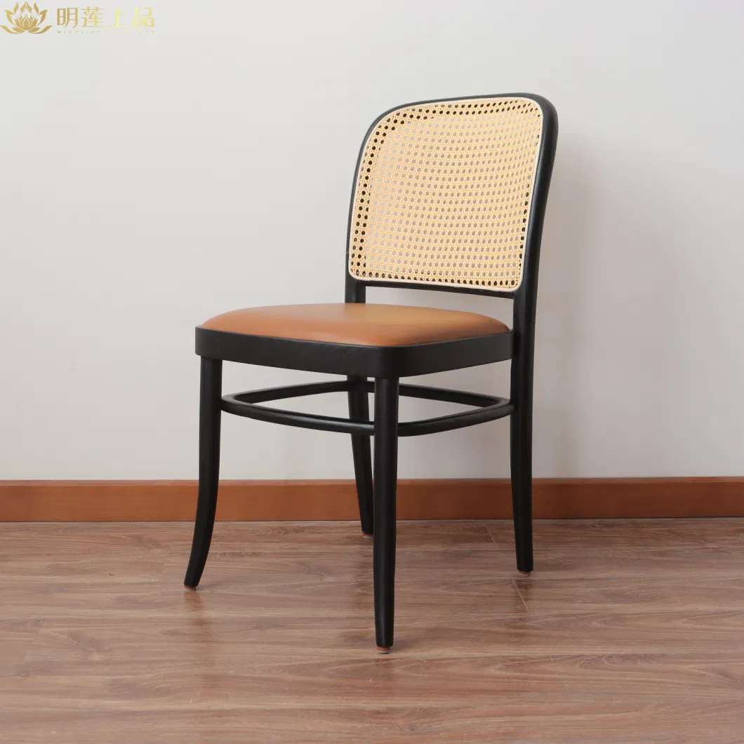 Modern Design Solid Wood Green PU Leather Upholstered Rattan Weaving Dining Room Furniture Restaurant Furniture Fast Food Furniture Wooden Chair