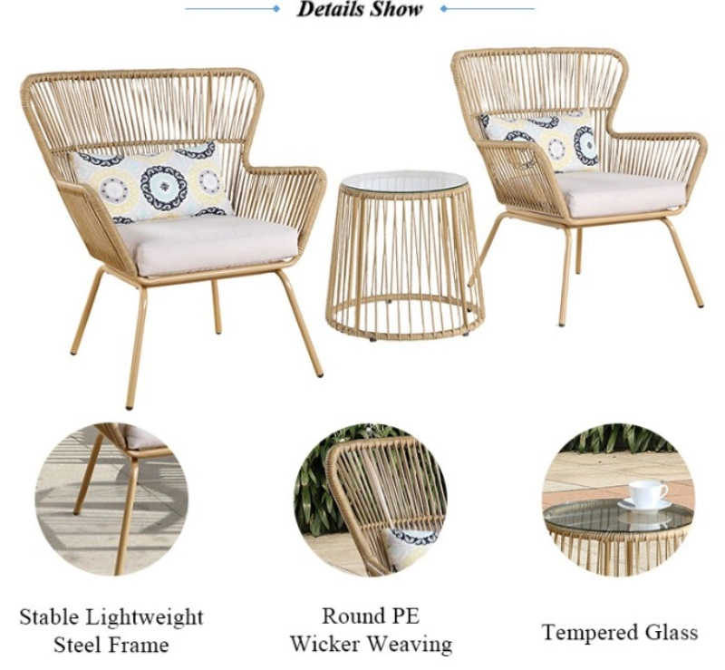 3 Pieces All Weather P. E Rattan Wicker Cushion Patio Garden Outdoor Furniture Tempered Glass End Coffee Table Chairs Bistro Set