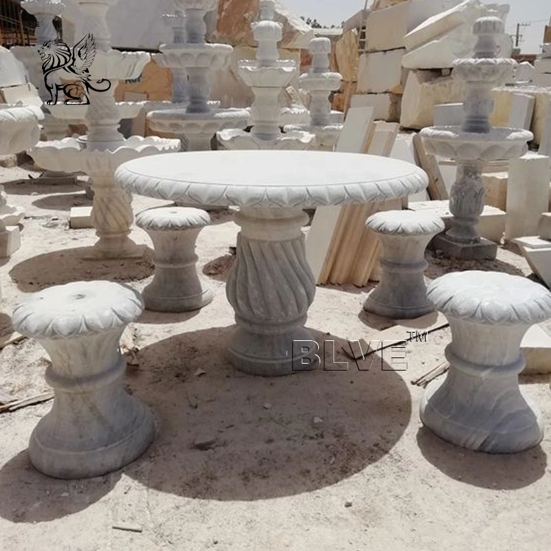 Factory Custom Outdoor Home Furniture 4 Seater Stone Dining Table Natural Marble Round Table for Garden