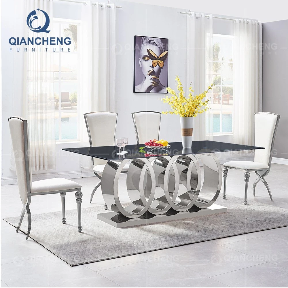 Modern Style Designs Glass Table Luxury Dining Room Furniture Marble Top Stainless Steel Legs Table and Chair Sets