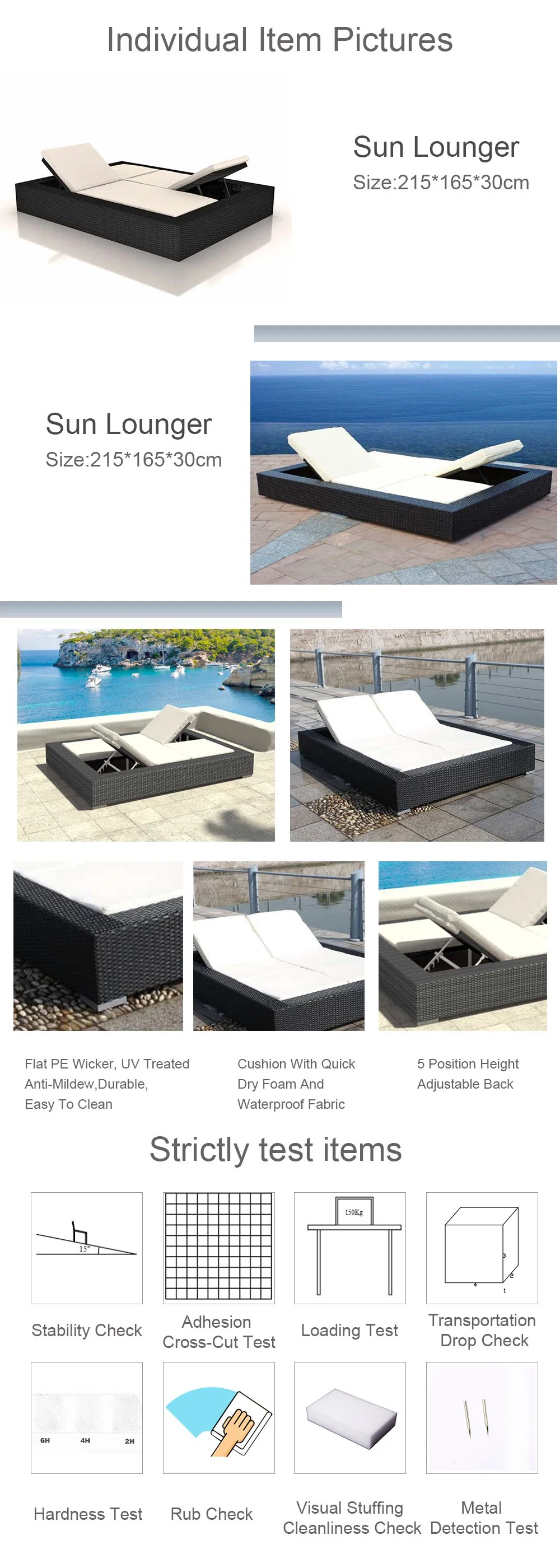 Modern Leisure Patio Wicker Rattan Double Furniture Outdoor Lounge with Aluminum Frame Sun Bed