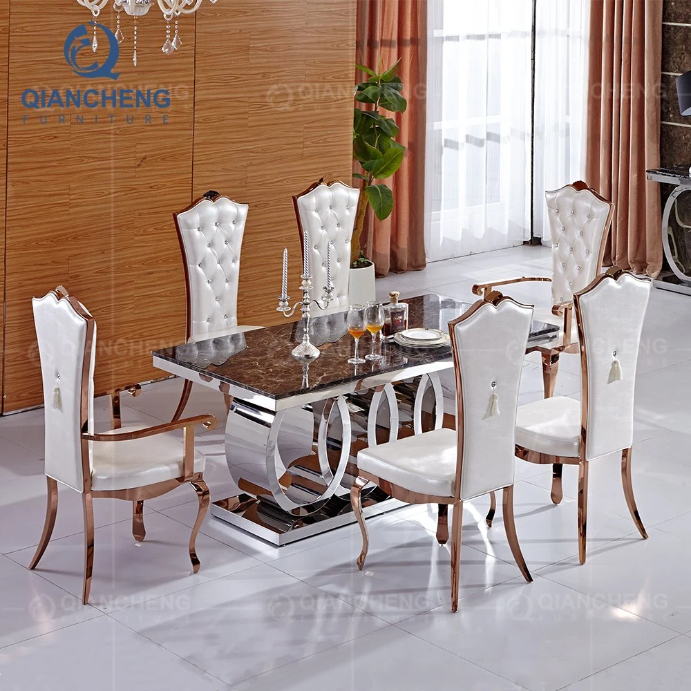 Modern Style Designs Glass Table Luxury Dining Room Furniture Marble Top Stainless Steel Legs Table and Chair Sets