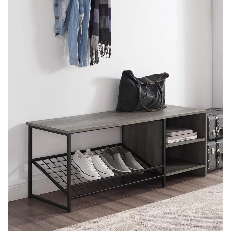 Home Furniture Washed Grey Wood Storage Shoe Rack Bench with Open Drawer and Metal Frame for Living Room