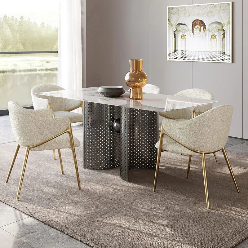 Nordic Velvet Kitchen Restaurant Furniture Teddy Dining Room Table Chair Modern Luxury White Boucle Dining Chair with Gold Legs