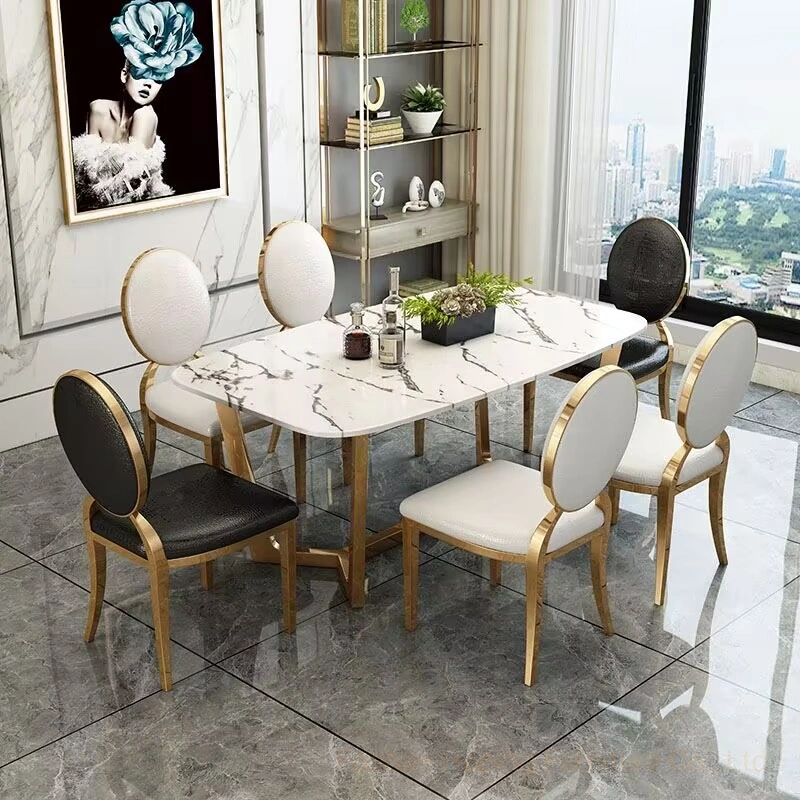 Modern Round Oval Square Tempered Glass Marble Top Table Set Wedding Chair Furniture Household Ball 10248 Seat People Stainless Steel Dining Table