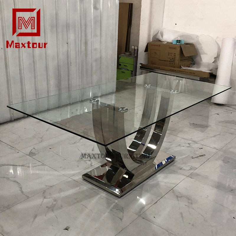 Stainless Steel Table and Chairs for Dining Room Furniture Dining Table Set 6 Chairs of Glass Top