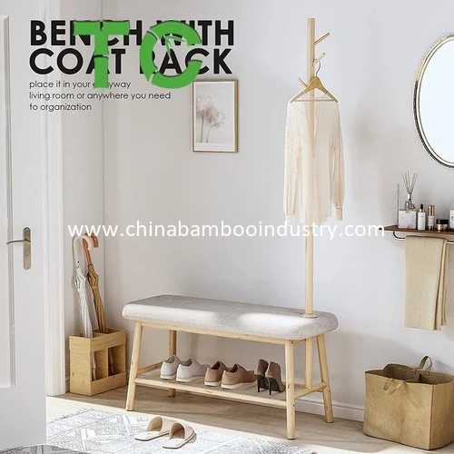 New Design Bamboo 3-in-1 Entryway Shoe Rack with Coat Rack Shoe Bench Hall Tree Bench with Storage