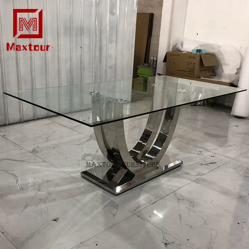 Stainless Steel Table and Chairs for Dining Room Furniture Dining Table Set 6 Chairs of Glass Top