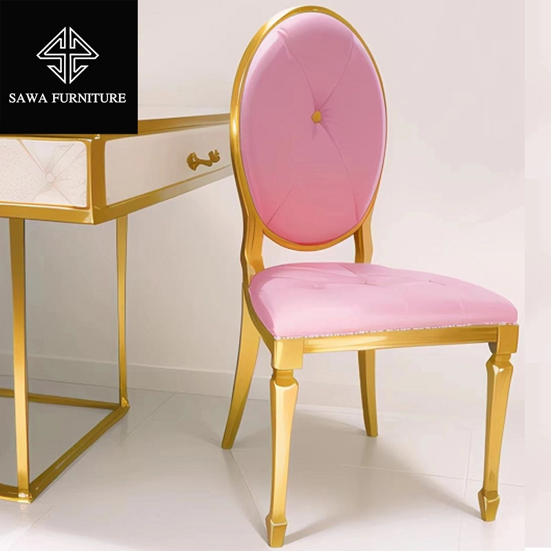 High Quality Round Stainless Steel Frame Golden Frame Pink Dining Wedding Chair