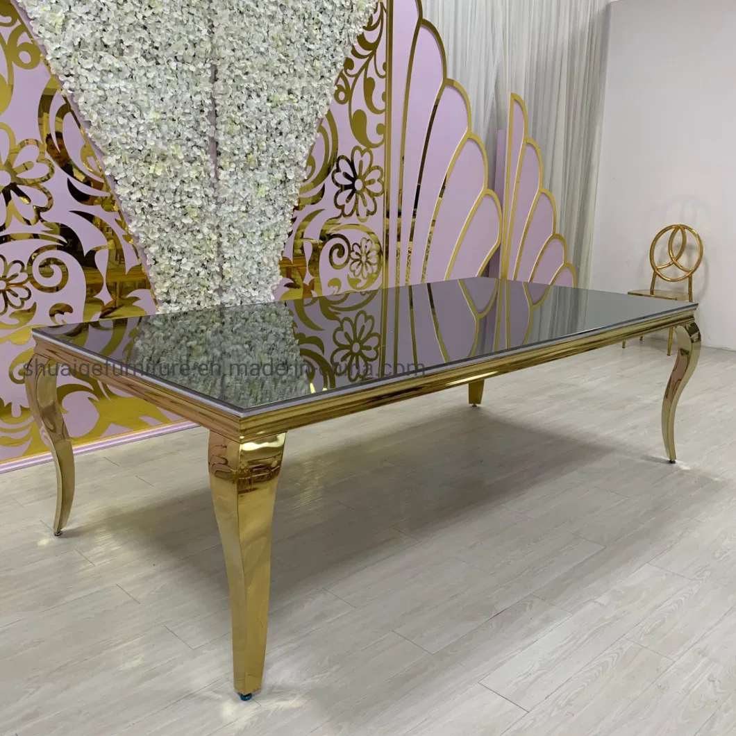 Popular Style Gold Stainless Steel +Mirror Glass Top Rectangle Dining Table Set