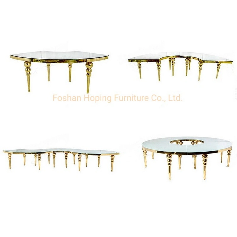 Modern Home Restaurant Furniture Set Special Love Shape Metal Wedding Table Glass Wood Top Dining Room Table