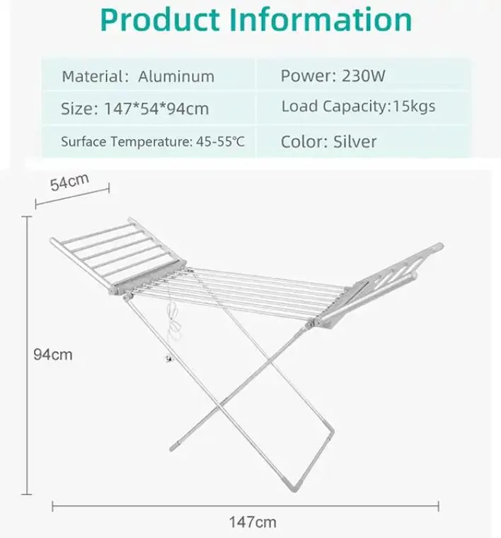 Electric Clothes Airer Dryer Rack with Folding Wings Portable Tower Warmer Freestanding Electric Drying Rack Aluminum Alloy