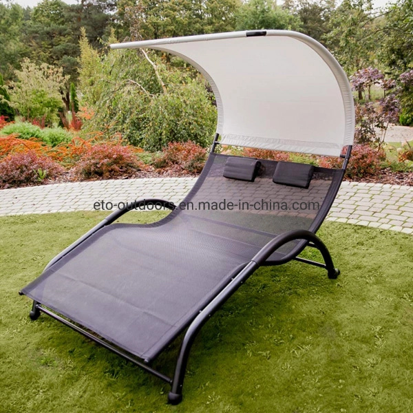 Portable Double Chaise Lounge Hammock Bed with Sun Shade &amp; Pillow for Patio Garden Yard