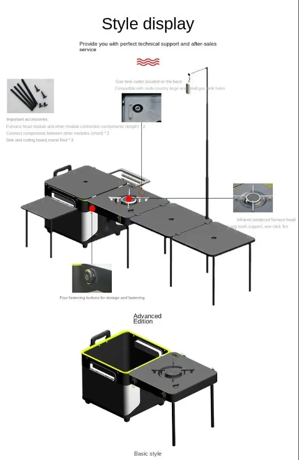 Portable Mobile Kitchen Equipped with Foldable Cooking Table and Storage Table for Outdoor Camping and Picnics