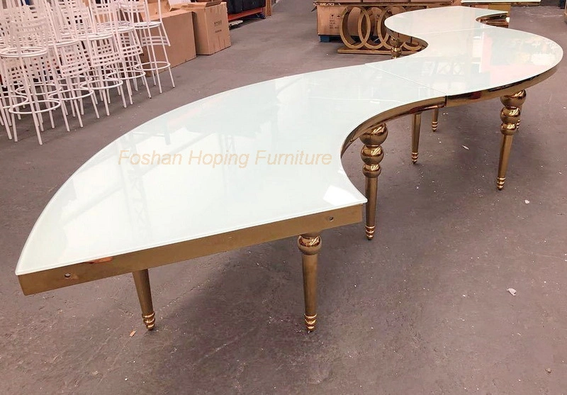 Modern Home Restaurant Furniture Set Special Love Shape Metal Wedding Table Glass Wood Top Dining Room Table