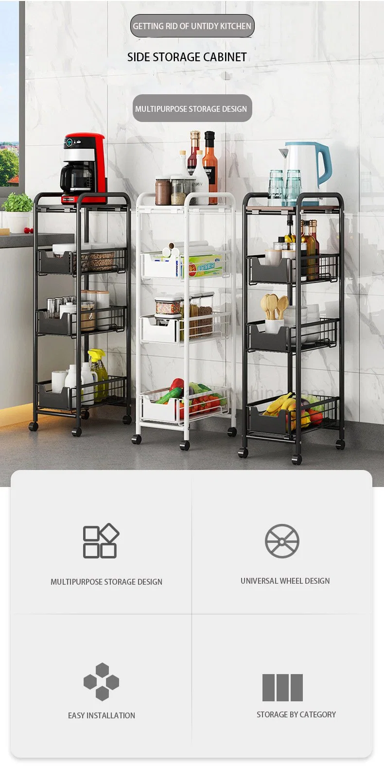 Shelving Bathroom Organizer Multiple Tier Stainless Steel Kitchen Storage Rack for The Narrow Space Storage Cart with Wheels