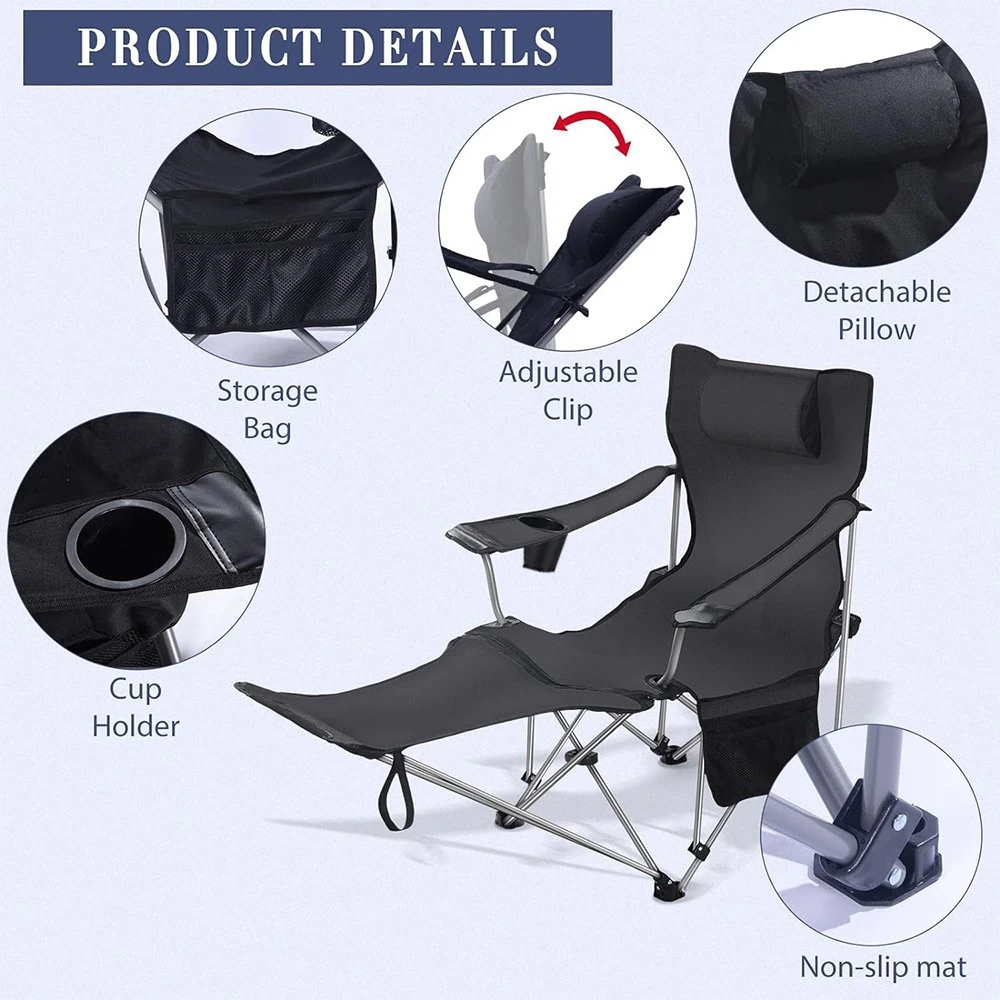 Outdoor Camping Beach Custom Logo Portable Reclining Chair Folding Lounge Chairs with Removable Footrest