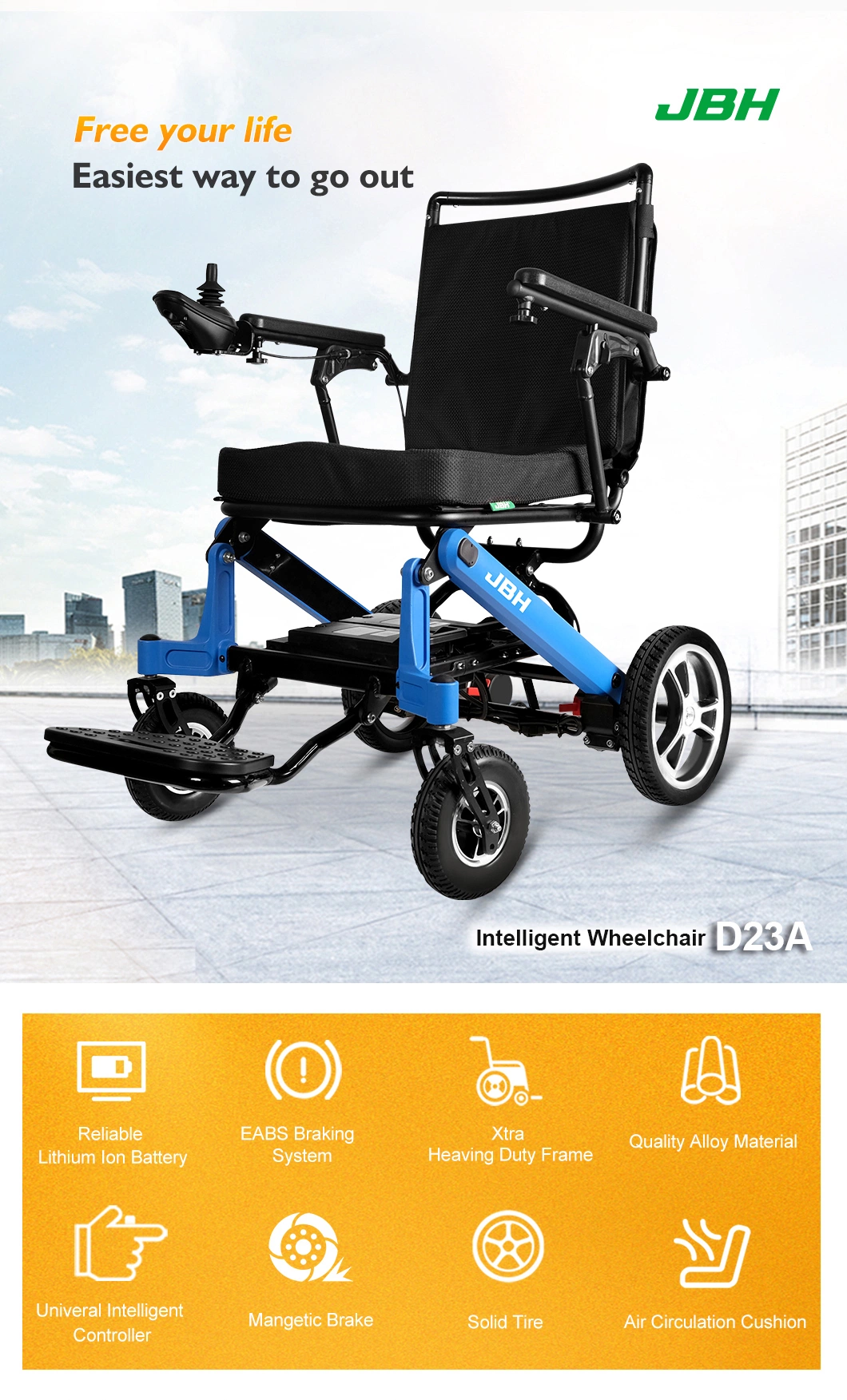 Folding Powerful Disabled Care Electric Power Wheelchairs Anhui Black Chairs 6 Km/H Jbh