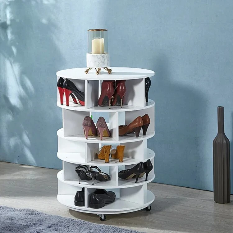 Home Hall Furniture White Wood Color MDF Wooden 360 Degrees Rotating Round Shoe Organizer Display Shoe Cabinet Rack with Wheels