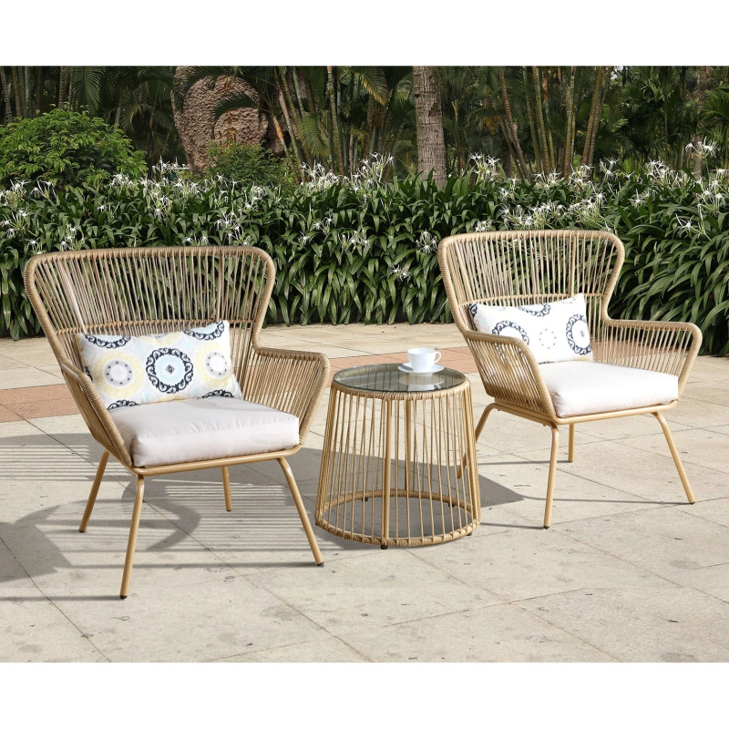 3 Pieces All Weather P. E Rattan Wicker Cushion Patio Garden Outdoor Furniture Tempered Glass End Coffee Table Chairs Bistro Set