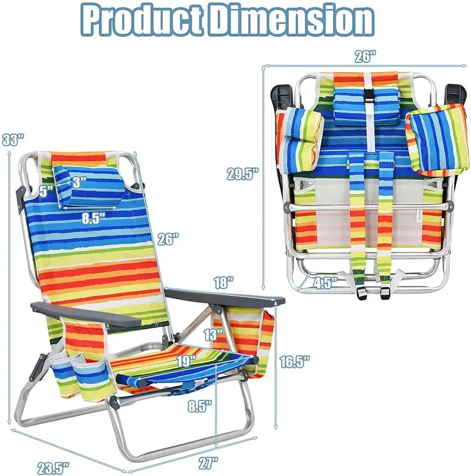 Folding Beach Chair Camping Lounge 5-Position Adjustable Outdoor Reclining Chair