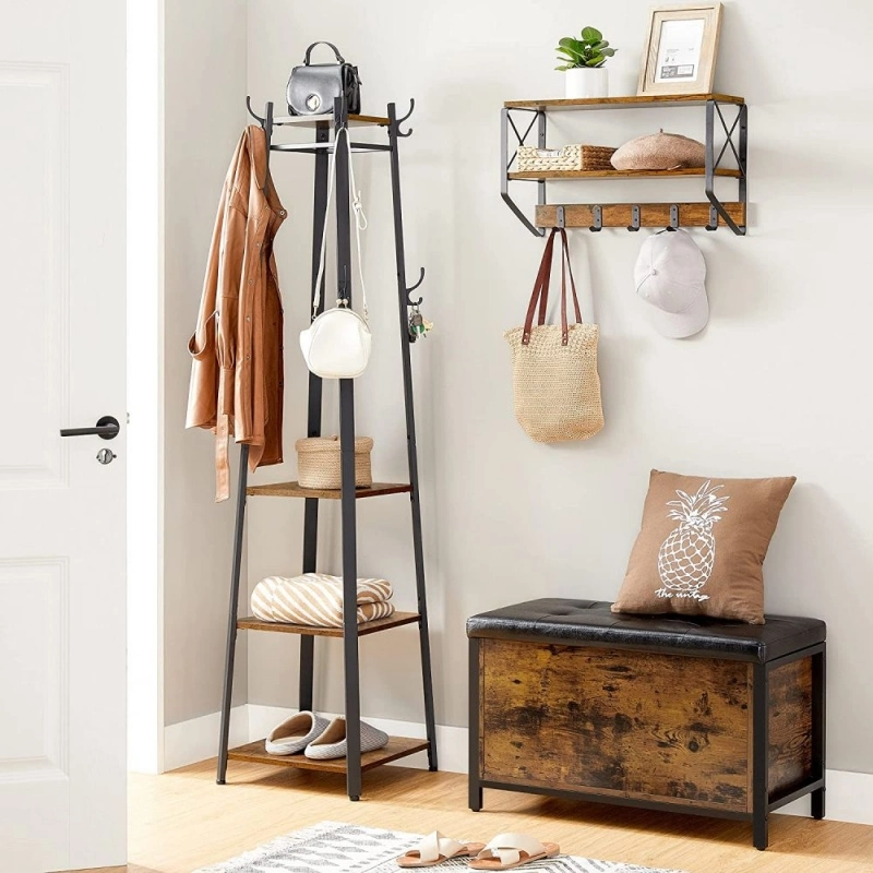 Iron Wood Combination Vintage Coat Rack with Shelf and Hook 0629