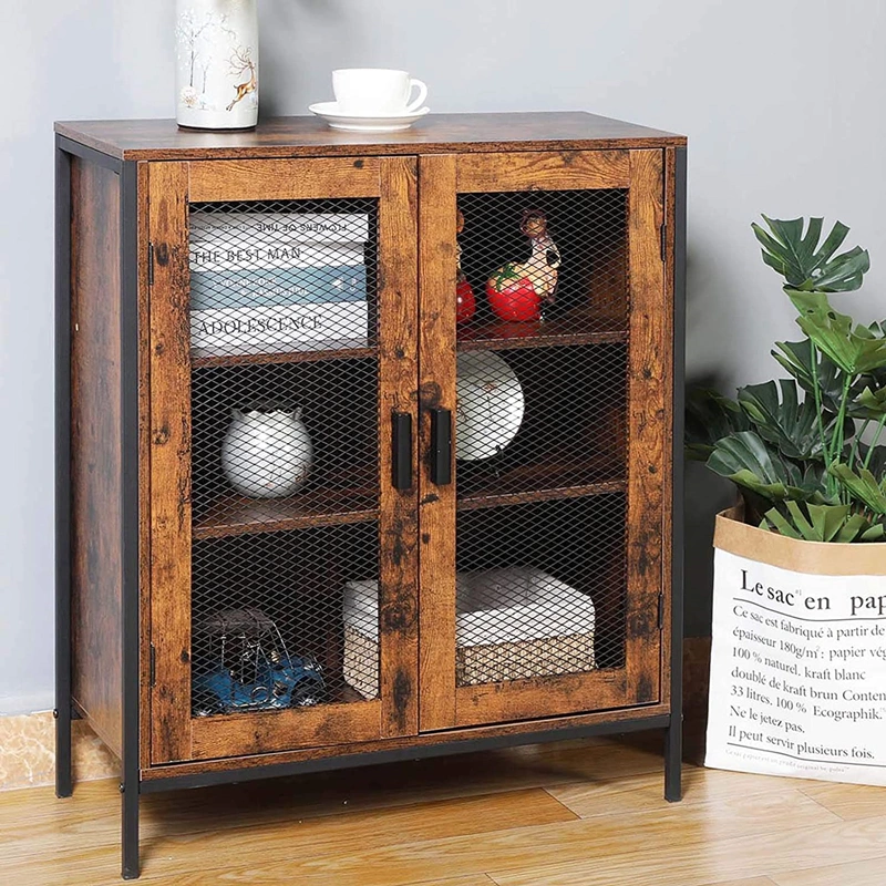 Living Room with Three Compartments Brown Floor-Standing Mesh Storage Cabinet 0228