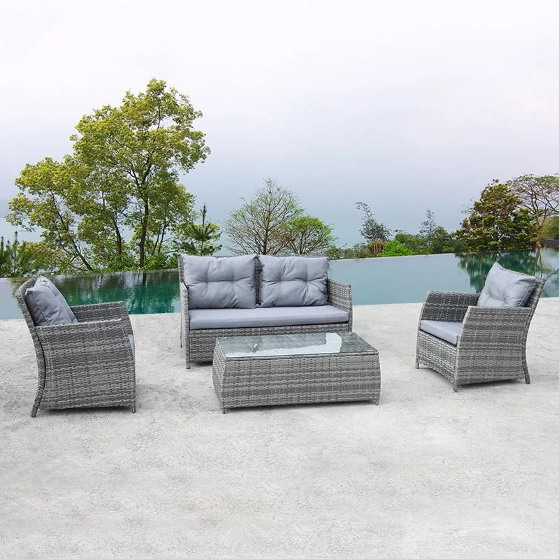 Outdoor Patio Furniture Rattan Chair Wicker Sofa Garden Conversation Sets with Soft Cushion and Glass Table for Yard, Pool or Backyard