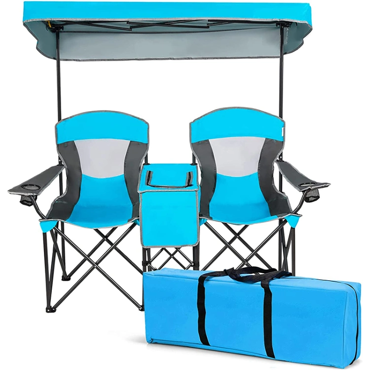 Double Camping Chair W/Shade Canopy 2-Person Folding Camp and Beach Chair with Mini Table Beverage Cup Holder Carrying Bag